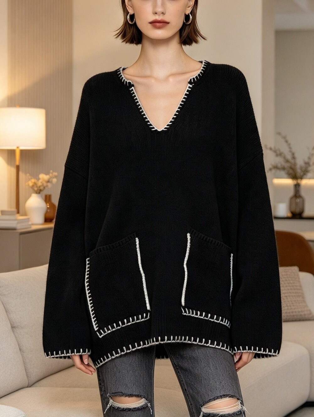 Zara Black Oversized V-Neck Knit Sweater White Whipstitch Boho Pocket Top S